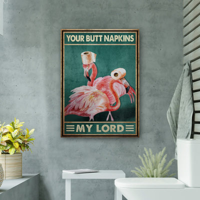 Pair Of Pink Flamingos - Your Napkins, My Lady Gallery Wrapped Canvas - Bath And Laundry Animal Illustration Decor, Pink And Green Blue Bathroom Decor