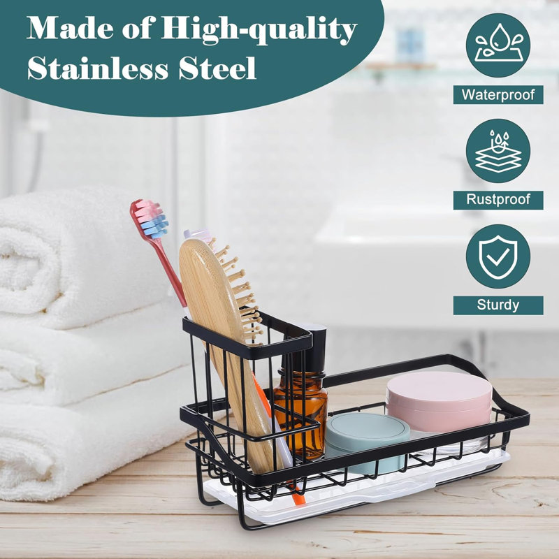 Kitchen Sink Organizer Caddy With Sponge Holder, Drip Tray, And Stable Base
