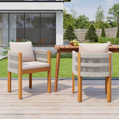 Gariepy Patio Acacia Wood Dining Chairs With Woven Rope & Cushions