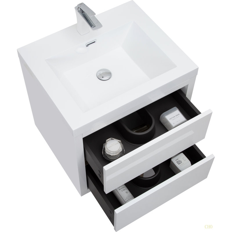 Meuble-lavabo mural 24 po avec lavabo, meuble de rangement flottant pour salle de bain avec comptoir en résine de pierre et tiroirs à fermeture en douceur