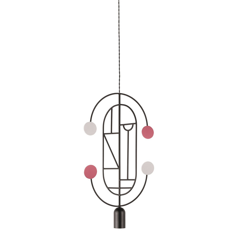 Luminaire suspendu géométrique unique en son genre à 2 lumières H 23,6 po avec 2 tiges courbées, Noir, Blanc / rose