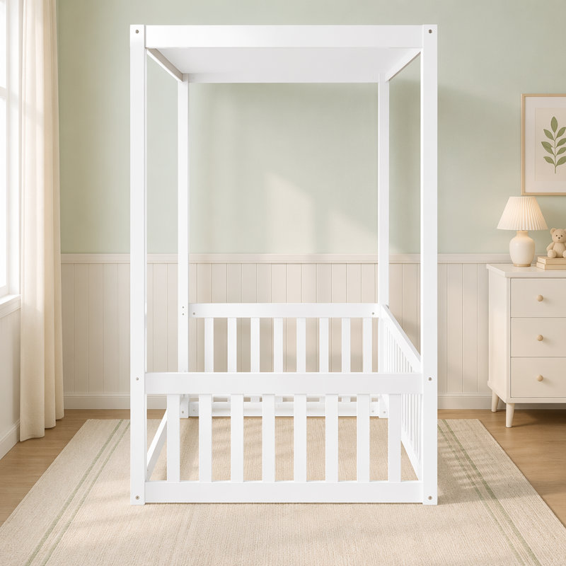 Lit simple à baldaquin avec garde-corps et clôture, conception élégante et imaginative pour les chambres d'enfants