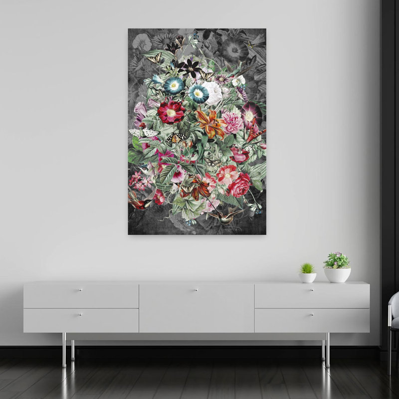 Vibrant Night Garden Abstract Retro Vintage Butterfly Hummingbird Flower Nature Wall Art Print by Simon Goggin - Print