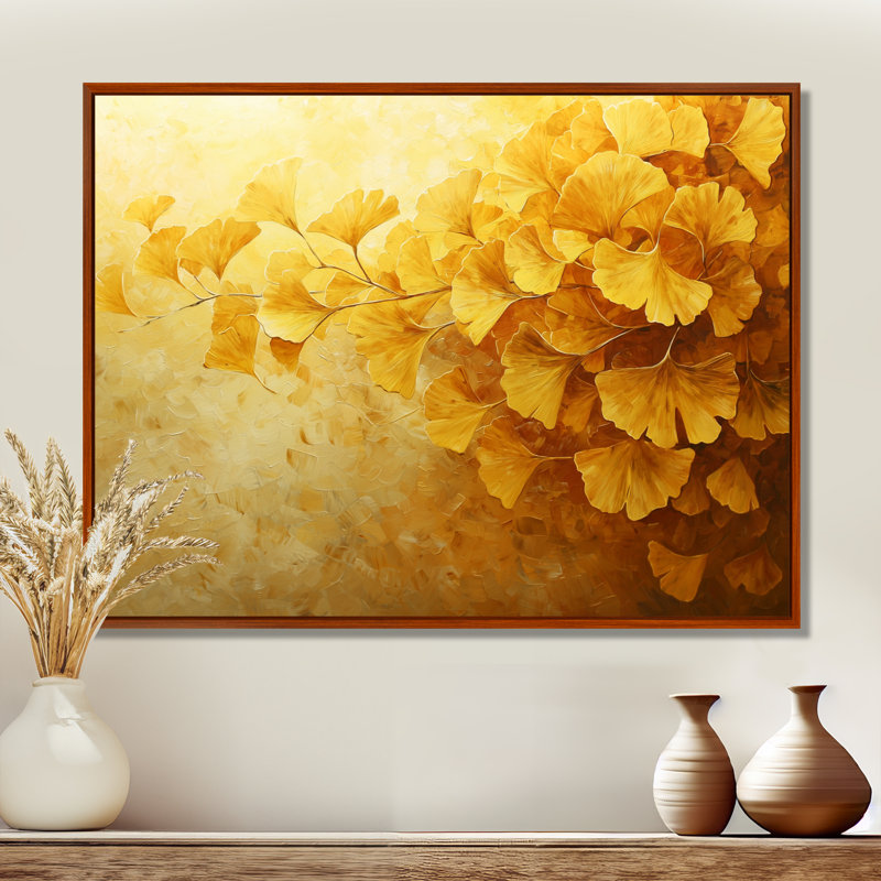 Clarcie Golden Ginkgo Leaves Harmony II - feuilles, art mural grand, H 34 po x l 44 po, Impression encadrée flottante, Brun