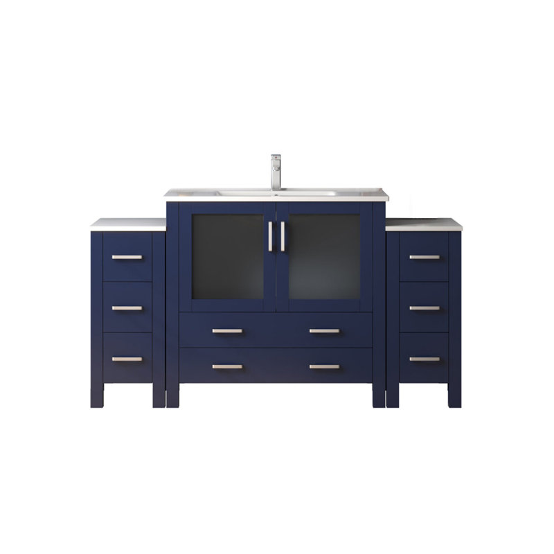 Volez 60 in W x 18.25 in D Single Bath Vanity with Side Cabinets, White Ceramic Top and Chrome Faucet Set, Navy Blue