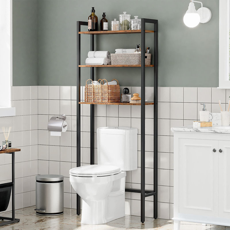 Étagère de rangement à 3 niveaux en bois au-dessus de la toilette, Brun rustique / noir