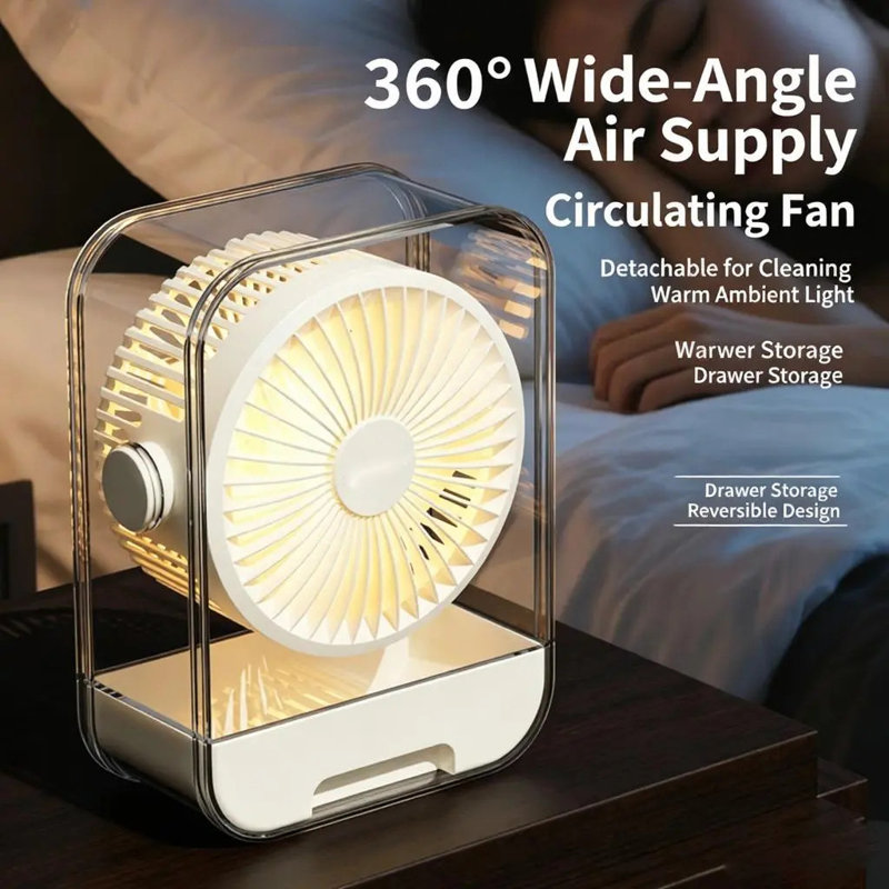 Boîte de rangement pour ventilateur de bureau circulaire avec ventilateur USB, Black