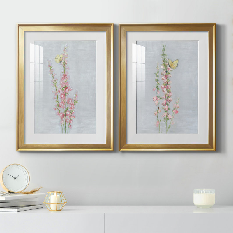 Foxglove Garden I - ensemble de 2 reproductions d'art, H 22,5 po x l 61 po x P 1,5 po, Papier encadré doré, Blanc