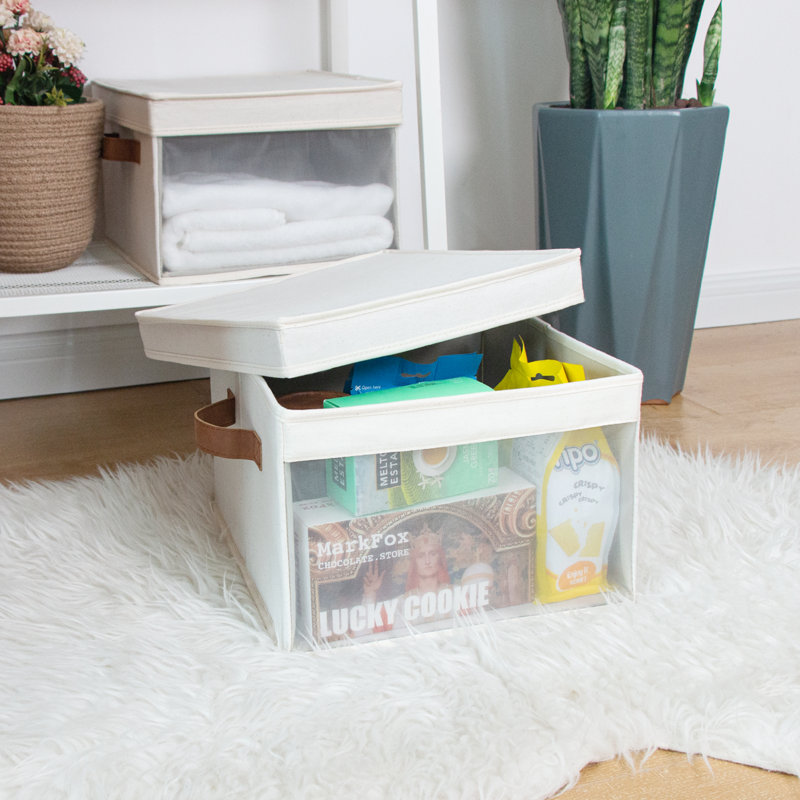 3 Pack Foldable Fabric Bin Set with Lid and Handle, White