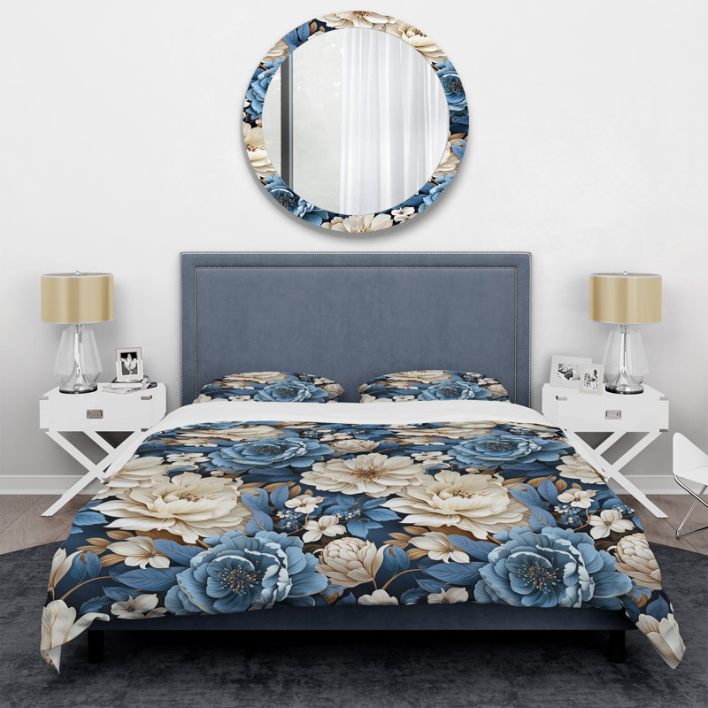 Ensemble de housse de couette floral bleu et blanc I, Housse de couette pour très grand lit et 2 très