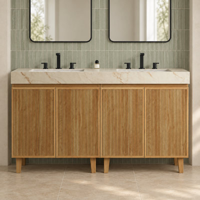 Meuble-lavabo simple LULA de 61 cm (24 po) d'aspect bois avec dessus en pierre frittée couleur crème veinée or