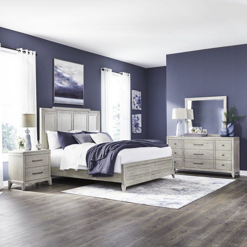 Ensemble de chambre à coucher avec lit à panneaux, commode et miroir Ahan, 4 pièces: lit, commode, miroir, table de chevet