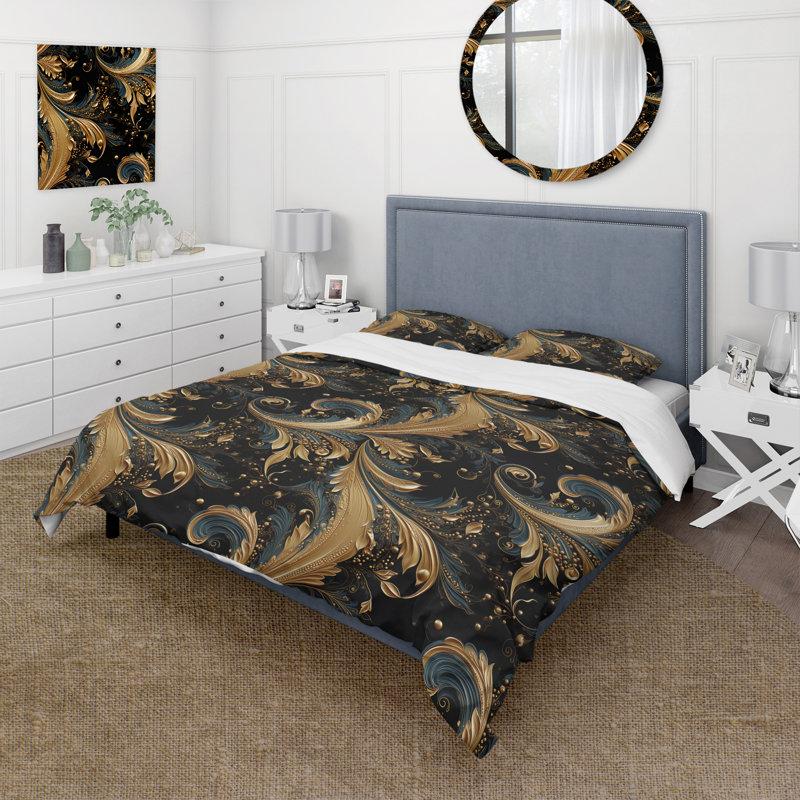 Literie dorée à motif cachemire I, Housse de couette pour grand lit et 2 taies décor