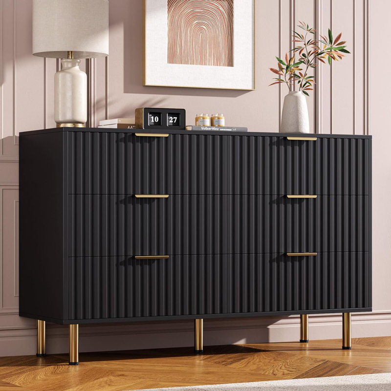 Fluted 6 Drawer Wide Dresser, Modern Chest with Spacious Deep Drawers, Wooden Organizer Ideal for Living Room, Hallway, or Kids Room, White