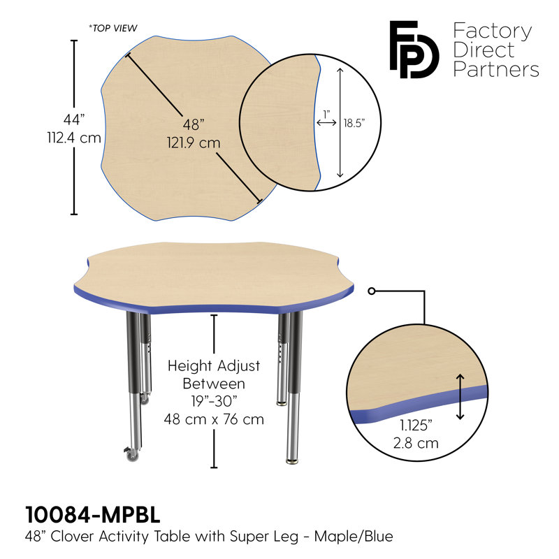 Table d'activité en T 48 po x 48 po avec moulures en T et pieds réglables, Érable / bleu / noir, Super