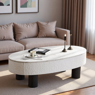 Table basse moderne ovale avec plateau en faux marbre, tiroir et espace de rangement caché