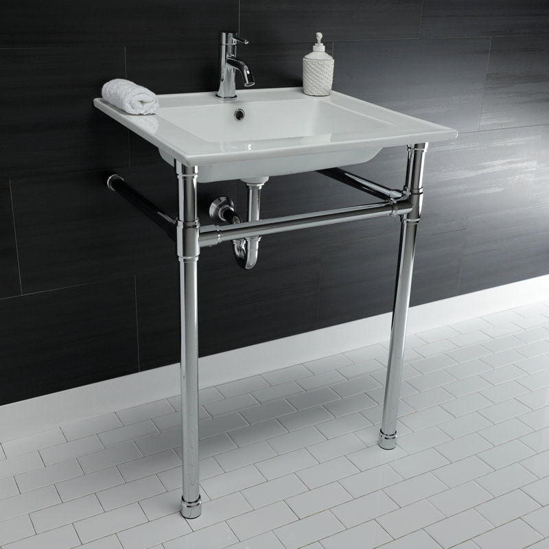 Lavabo de salle de bain console en céramique avec trop-plein, Chrome poli, Simple