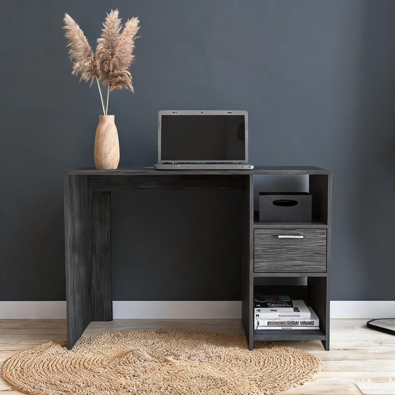 Bureau d'ordinateur pour bureau à domicile en bois d'ingénierie gris doux 43,3 pouces de large avec tiroir et tablettes, Gray