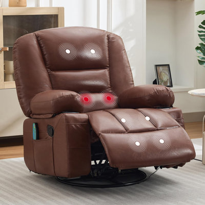 Fauteuil inclinable large surdimensionné - Massage à la chaleur et aux vibrations, fauteuil inclinable manuel en cuir PU pour adultes, chaise berçante pivotante à 360 ° avec porte-gobelets et poche latérale, fauteuil paresseux pour salon, chambre à