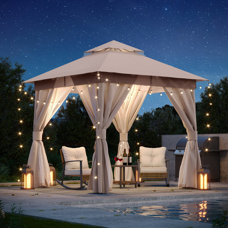 Pavillon de jardin extérieur Decksplore avec double toit, moustiquaire, rideaux d'intimité et structure en métal robuste