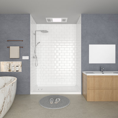 60'' W 32'' D 96'' H High Gloss White Solid Surface Shower Wall Panel Surround, Quick Install & Cuttable, 0.197" thick