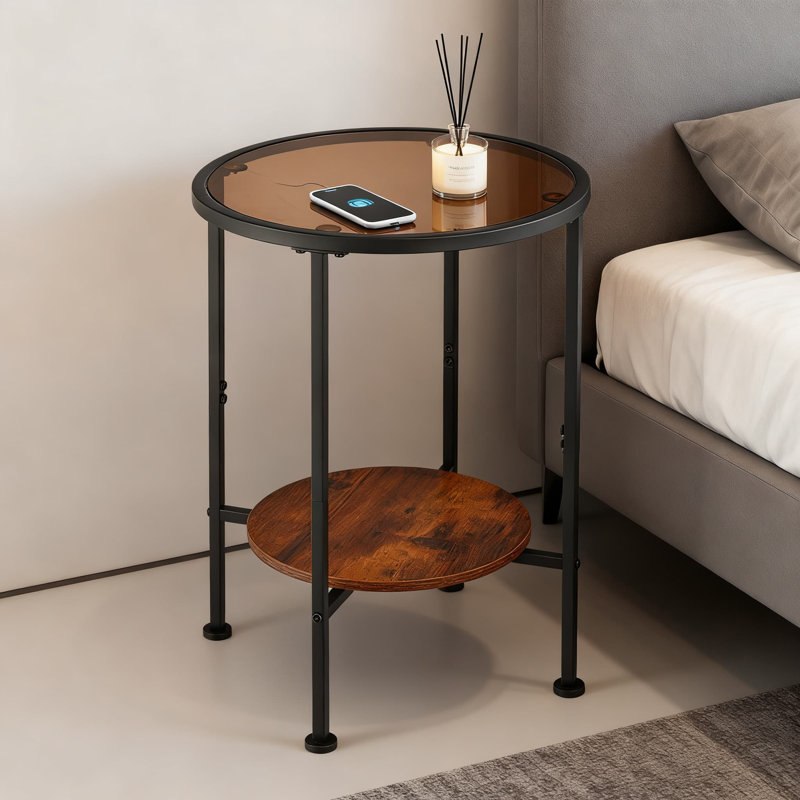 Table d'appoint ronde à 2 niveaux avec plateau en verre trempé et tablette de rangement, table de bout peu encombrante pour le salon, la chambre à coucher et le bureau