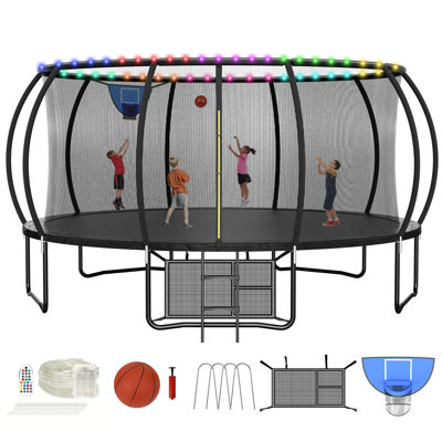 Grand trampoline d'extérieur de 16 pi avec panier de basketball, option d'éclairage à DEL, sac de rangement, trousse d'ancrage, filet de sécurité intérieur, échelle, rembourrage à ressort pour enfants
