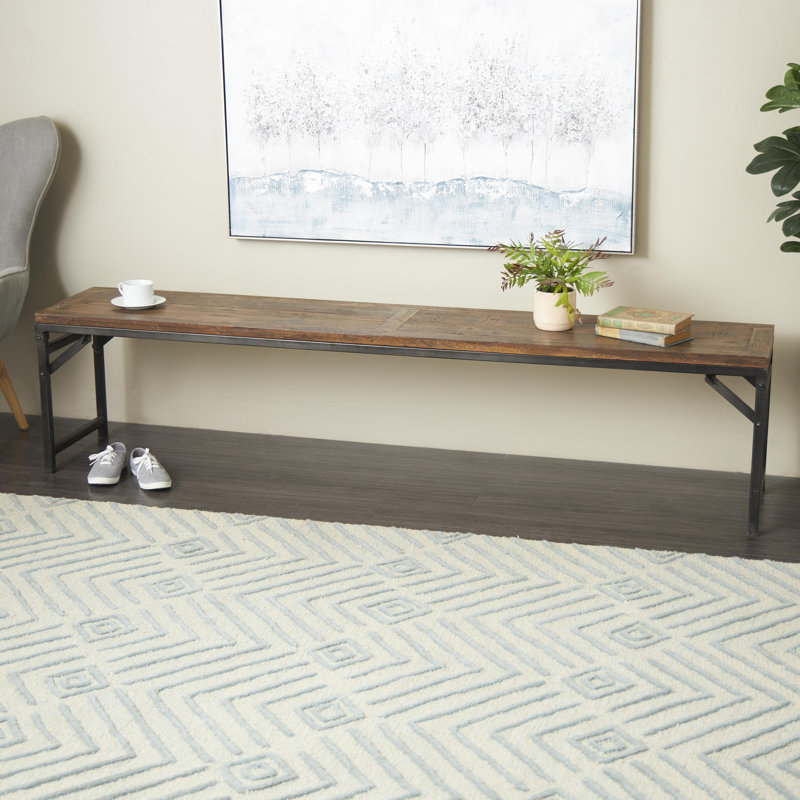 Cole And Grey Teak Wood Long Home Bench With Black Metal Legs