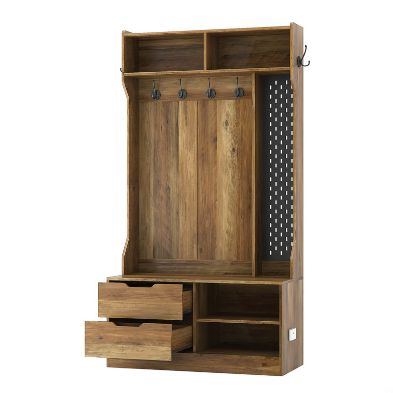 Hall Tree With 6 Hooks,Coat Hanger, Entryway Bench, Storage Bench, Brown