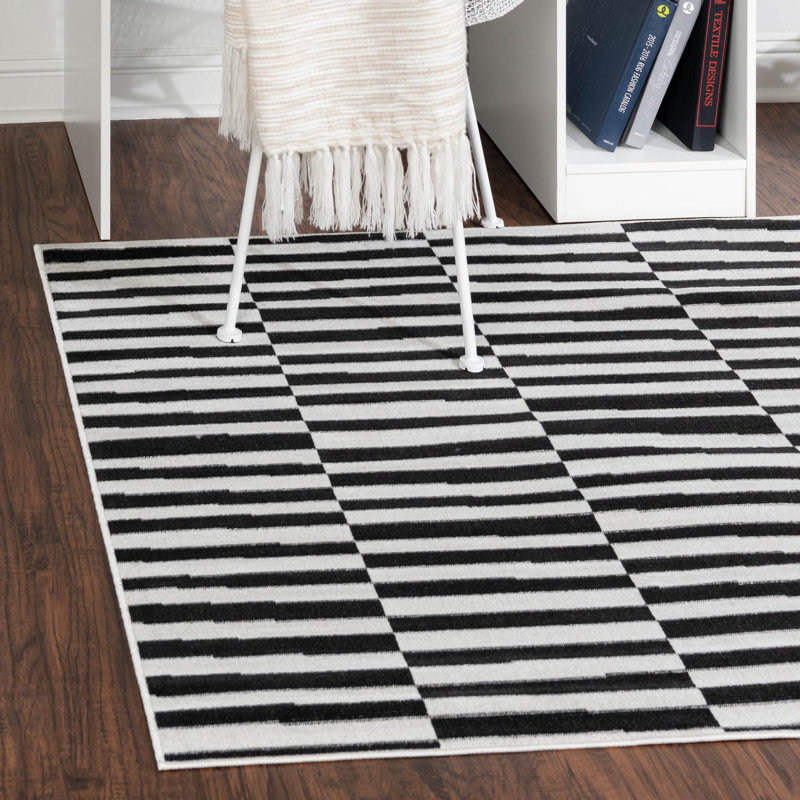 Tapis rayé ivoire / noir Arzilla, Black, Square 4'