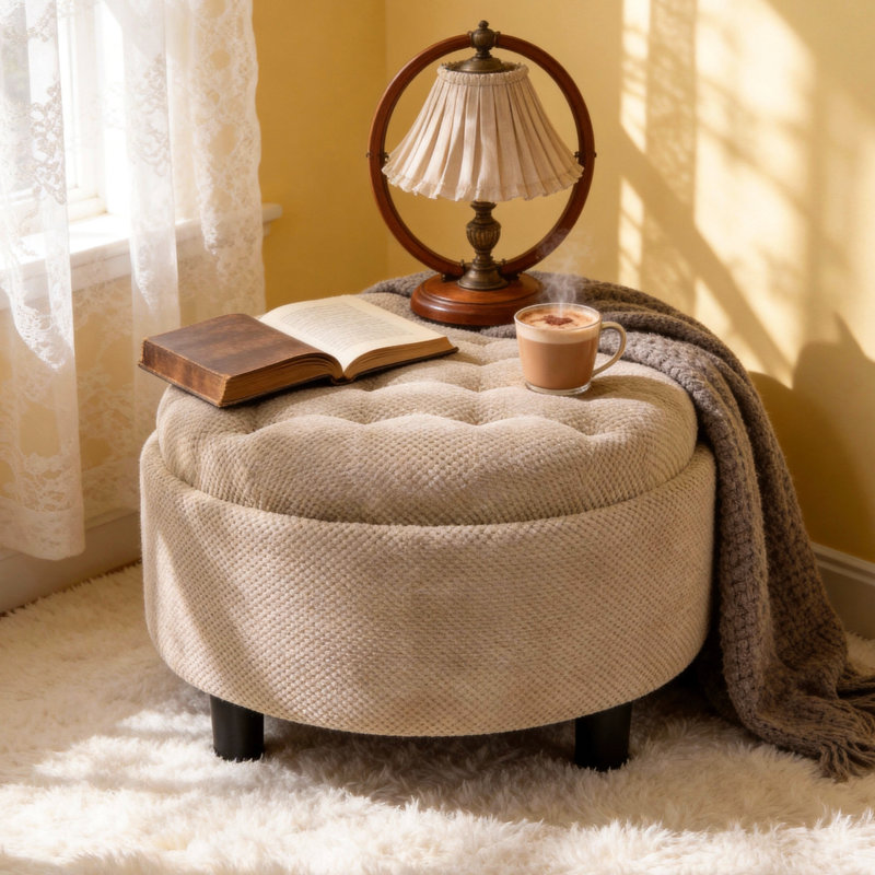 Repose-pieds de rangement de 25 pouces, repose-pieds rond, repose-pieds de table basse, table d'appoint en bois, pouf rembourré en tissu, petit meuble de rangement, rangement caché, décor de maison de campagne moderne, salon, chambre à coucher
