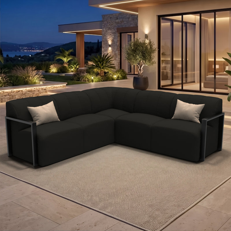 Canapé d'angle moderne en aluminium à structure ouverte, 5 pièces, recouvert de tissu Sunbrella, Sunbrella® toile noire