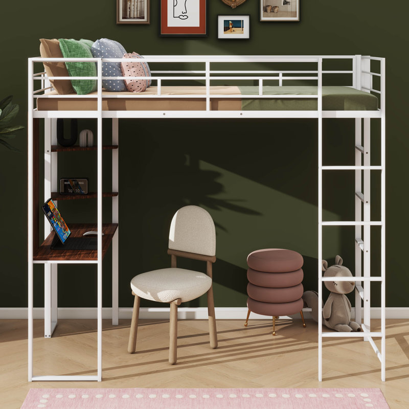 Lit mezzanine simple en métal avec 2 tablettes et un bureau, Blanc