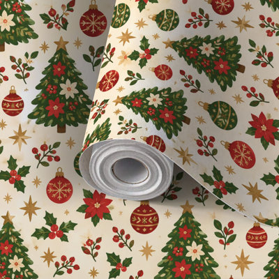 Papier peint adhésif décoratif à motif d'arbre de Noël, étoiles et décorations festives, style vintage. Facile à installer et à retirer. Idéal pour les locataires, à utiliser soi-même pour décorer une chambre, un salon, une cuisine ou une salle de bain.