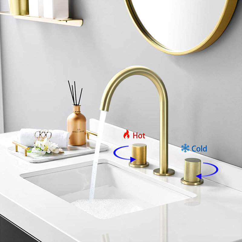 Modern 8 Inch Bathroom Faucet - Widespread, Brushed Golden, Two Handles With Foaming Device For Enhanced Water Experience Golden Knob Handles, 360 Rotation Practical Solution