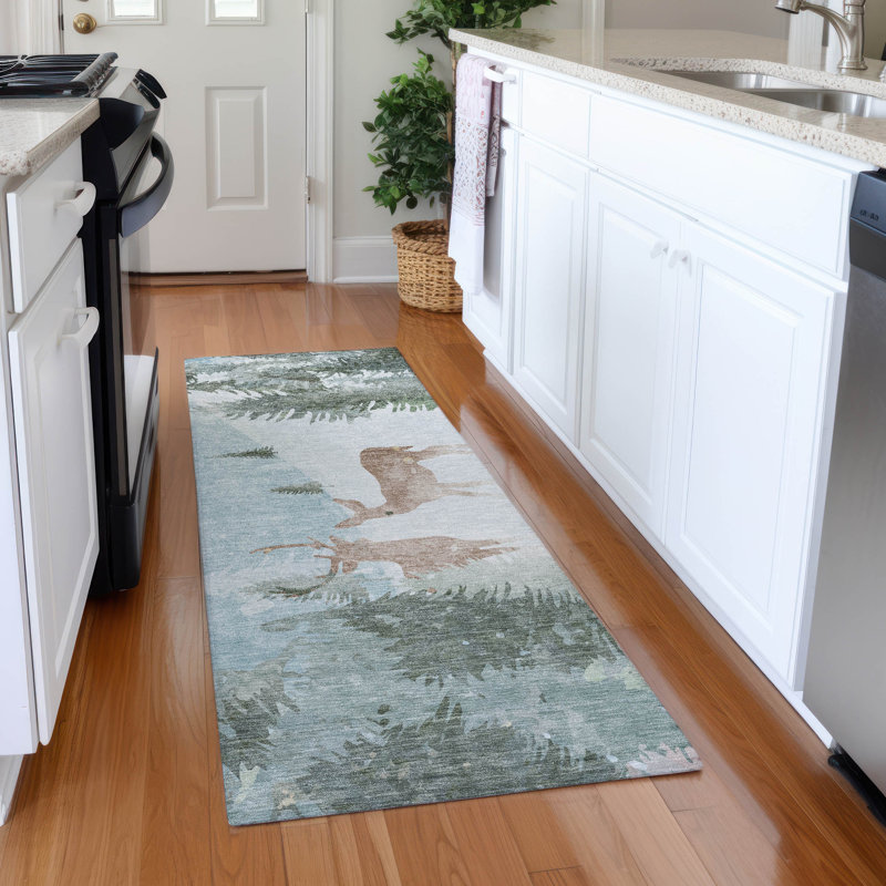 Washable Sky Blue and Green Reindeer Runner Rug