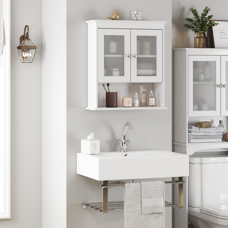 Armoire de salle de bain murale, armoire à pharmacie avec portes en verre et tablettes réglables, armoire de salle de bain au-dessus de la toilette, blanc