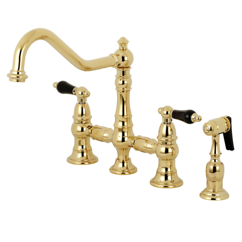 Kingston Brass Duchess Two-Handle 4-Hole Deck Mount Bridge Kitchen Faucet with Brass Side Sprayer, Polished Brass