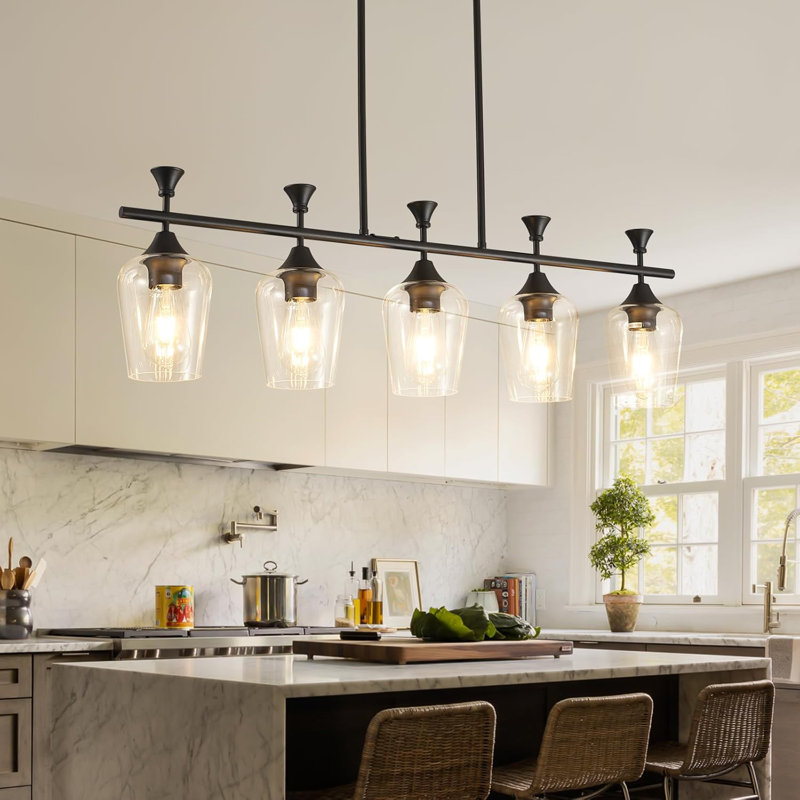 Lustre linéaire pour îlot de cuisine et salle à manger, luminaire suspendu à hauteur réglable avec abat-jour en verre transparent, compatible avec les ampoules E26