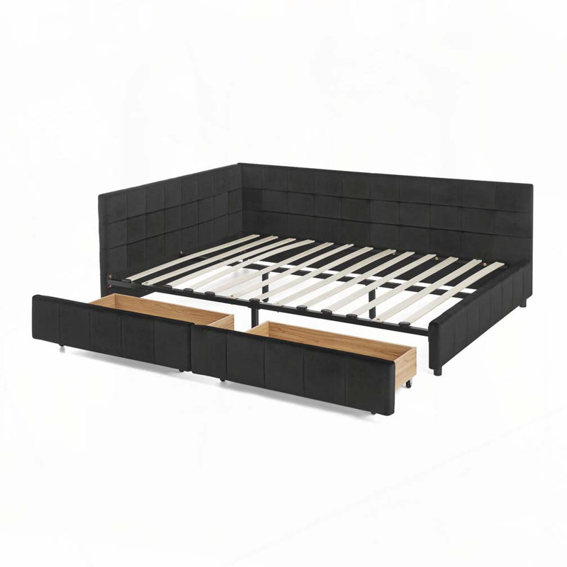 Lit de jour en velours avec rangement, Noir, Grand lit