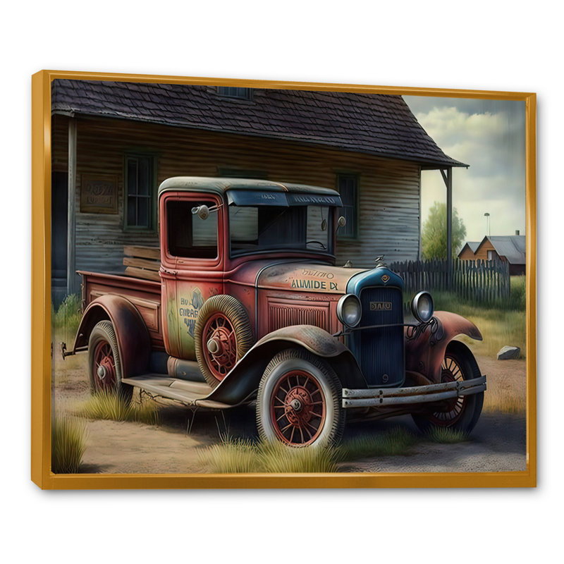 30S American Car at the Barn - Peinture sur toile, H 24 po x l 32 po x P 1 po, Toile avec cadre flottant or