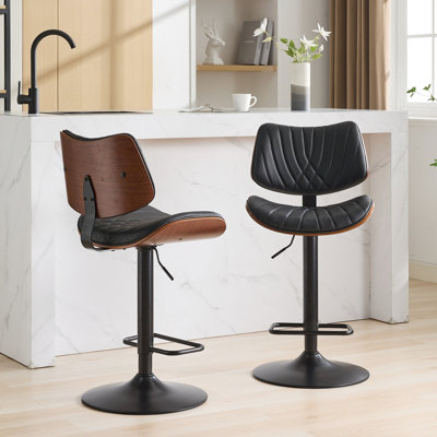 360 Swivel Adjustable Height Bar Chairs, Walnut , Black Leather Upholstered, Of 2 For Kitchen Island/Dining Room Counter Stools, ,