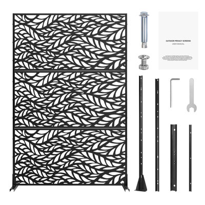Metal Privacy Screen, 47 Inch Wide, 72 Inch High, Freestanding Outdoor Divider with Stand, 3-Panel Decorative Steel Fence for Balcony Patio and Indoor Use