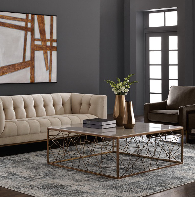 White Marble and Bronze Square Coffee Table