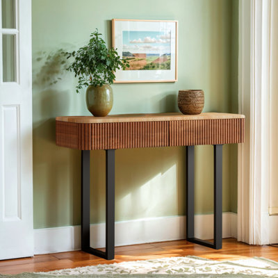 Solid Wood Entryway Table With Storage,Narrow Console Table With Fluted Design & Metal Legs, Functional Sofa Table For Hallway