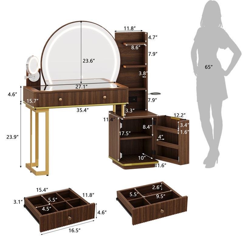 Coiffeuse avec miroir lumineux, miroir grossissant x5, plateau en verre et station de recharge, brun