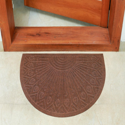 Tapis de porte d'extérieur semi-circulaire abstrait en fibre synthétique marron 61 x 91 cm