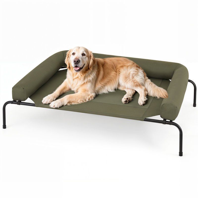 Portable Elevated Pet Bed Dog Cot Bed With Removable Bolster, Extra Small (35.5" W x 25.5" D x 7.5" H), Dark Green