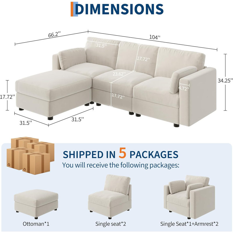 Oversized Modular Sectional Sofa, 4 Seater Sectional Couch, 104" L Shaped Sofa with Movable Ottoman, Convertible Modular Couch for Living Room Apartment and Office, Chenille Beige