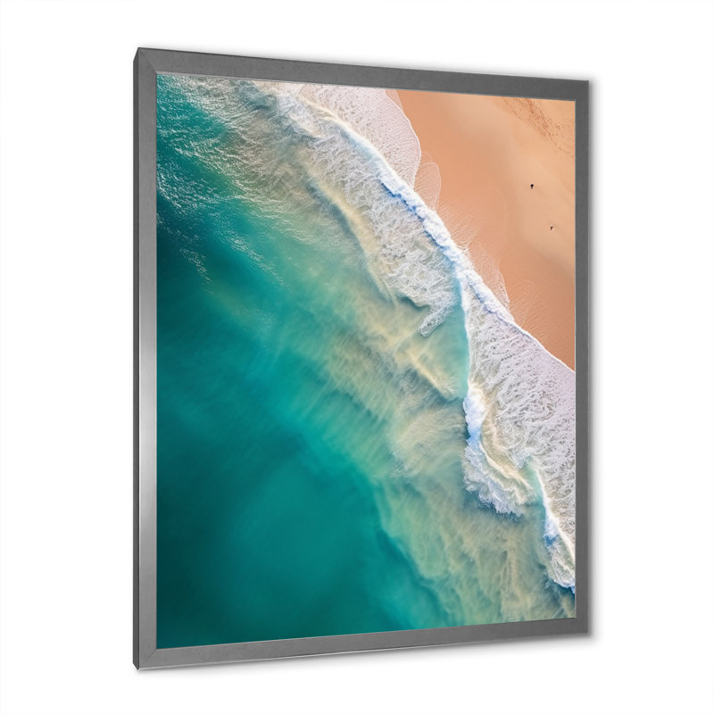 Vue aérienne d'une vague tropicale turquoise sur une toile, H 32 po x l 16 po x P 1 po, Cadre simple argenté